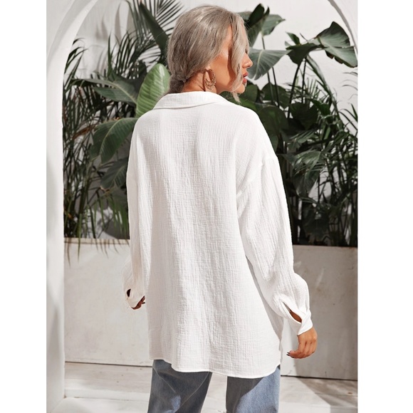 Cotton White Casual Shirt Button Down Up Long Sleeve - Picture 9 of 13